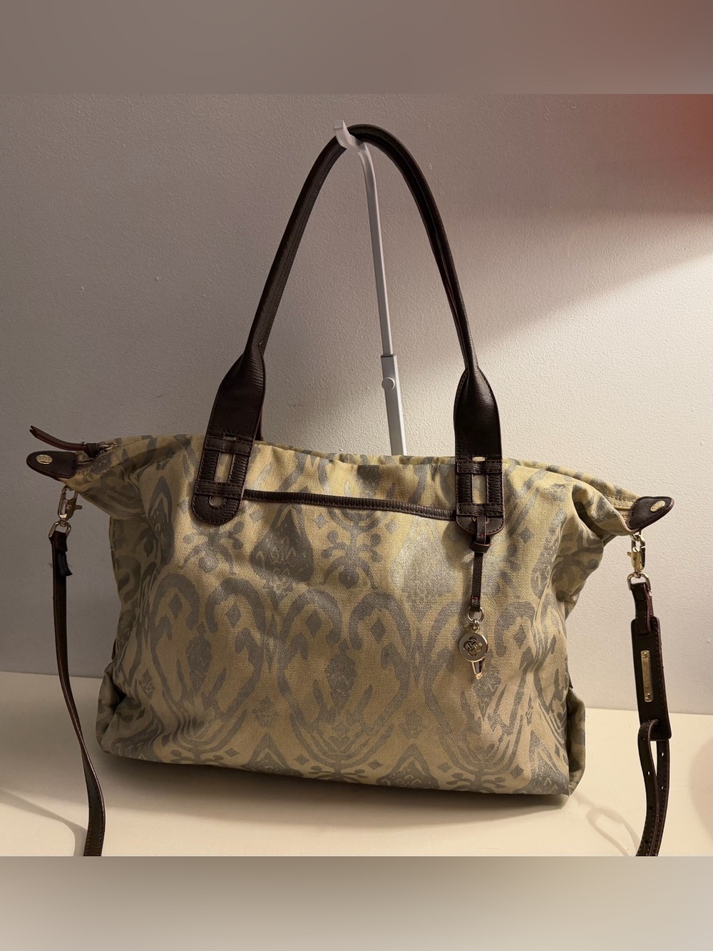 Stella & Dot Beige Coated Canvas with Silver Stencil Pattern Large Tote.